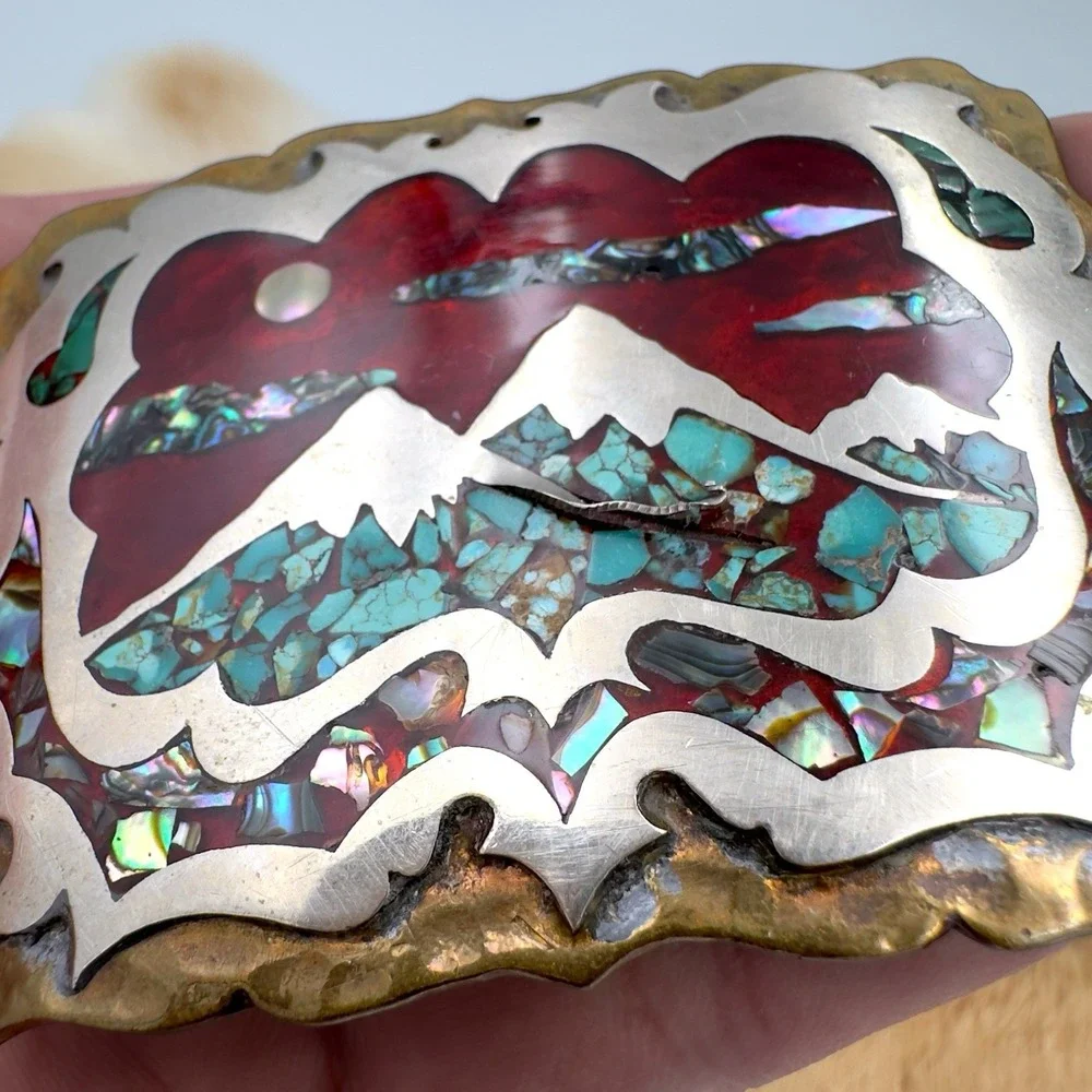 VTG Southwestern Mountain Landscape Turquoise Abalone Chip Inlay Belt Buckle